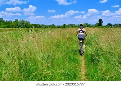 Woman riding bicycle single track trail running along a flood embankment among tall green grass in summer sunny day. Back view.