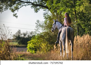 Woman Riding Horse During Sunset Countryside Stock Photo 717195742 ...