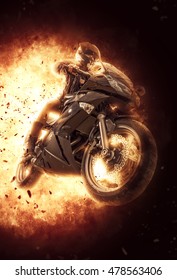 Woman Riding A Motor Bike On Exploding Background