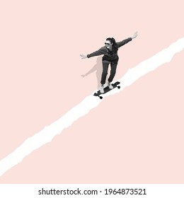 Woman riding on skateboard on pastel background. Modern design, contemporary art collage. Inspiration, idea, trendy urban magazine style. Negative space to insert your text or ad. Minimalism.