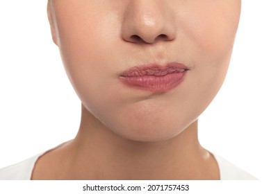 Woman Rinsing Her Mouth On White Background, Closeup. Dental Care