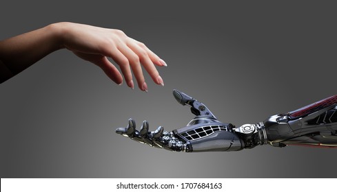 Woman and robot hands collaboration friendship conceptual design - Shutterstock ID 1707684163