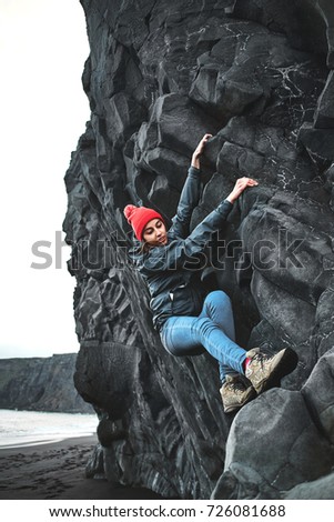 Similar – Wanderin steht auf einem Felsen am Old Man of Storr