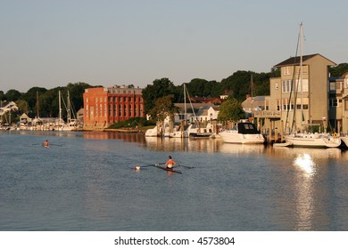 Woman Rowing In Mystic River, Mystic, CT