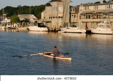 Woman Rowing In Mystic River, Mystic, CT