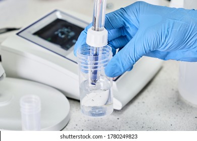 Woman In A Rubber Gloves Holding A Glass Electrode For Measuring Of PH Of The Solution Using PH Meter. Analytical Or Electro Chemistry Laboratory. 