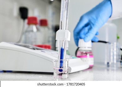 Woman In A Rubber Gloves Holding A Glass Electrode For Measuring Of PH Of The Solution Using PH Meter. Analytical Or Electro Chemistry Laboratory. 