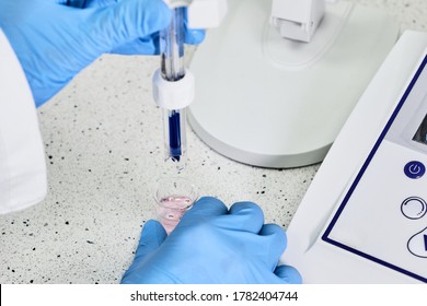 Woman In A Rubber Gloves Holding A Glass Electrode For Measuring Of PH Of The Solution Using PH Meter. Analytical Or Electro Chemistry Laboratory. 