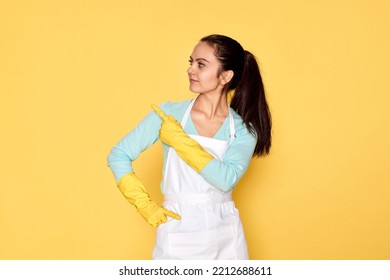 Woman In Rubber Gloves Pointing Fingers Aside At Copyspace