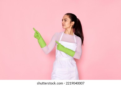 Woman In Rubber Gloves Pointing Fingers Aside At Copyspace