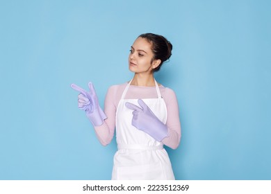 Woman In Rubber Gloves Pointing Fingers Aside At Copyspace