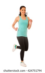 Woman Runner Running In Studio Isolated Over White Background