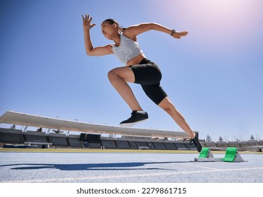 Woman runner, running and training on track, workout and exercise for race, marathon and sport in stadium. Speed, sports and fitness athlete with cardio, sprinter and run fast for competition