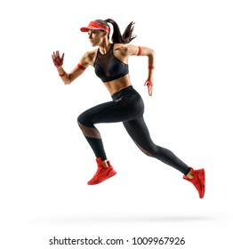 Woman runner in silhouette on white background. Dynamic movement. Side view