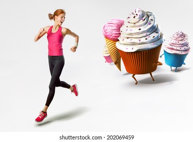 Woman Running Away From Sweets Isolated