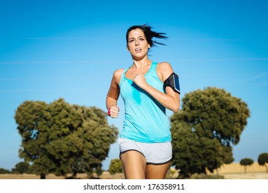 Woman Running Cross Trail In Countryside On Summer. Sweaty Fit Girl Exercising.