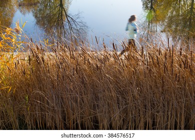 woman running as motion on wooden path beside lake garden at morning light.
