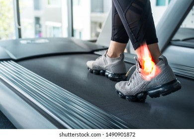 Woman Running On A Treadmill With A Painful Injury On The Ankle