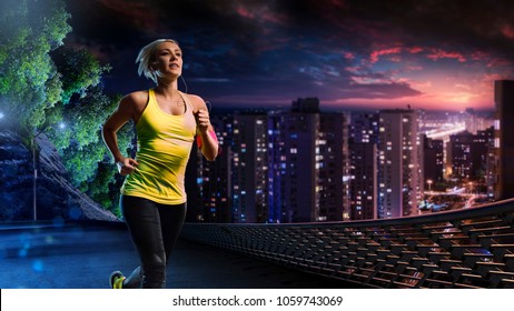 Woman Running Outdoors On The Night Town