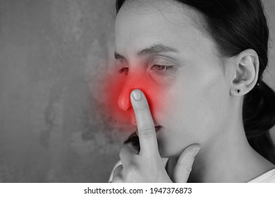 Woman With A Runny Nose, Red Zone Of Pain, Inflammation On Black And White