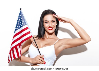 Woman Salute With Little USA Flag, July 4th