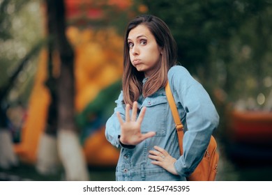 
				Woman Saying No Asking for Personal Space and Alone Time. Girl setting boundaries for stalking ex-partner avoiding him
				