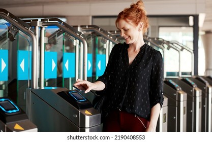 Woman Scanning Phone For Entry Into Modern Building Or Secure Corporate Company Using Contactless Sensory Scanner Device Or Machine. Trendy Lady Using Snap Scan Transaction To Pay For Parking Ticket