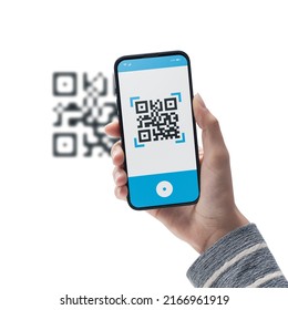 Woman scanning a QR code with her phone on white background, POV shot