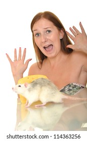 Woman Scared By Rat, Rat Eating Cheese, Isolated On White