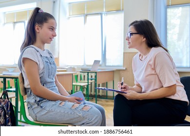 Woman School Psychologist Talking And Helping Student, Teenage Girl. Mental Health Of Adolescents, Psychology, Social Issues, Professional Help Of Counselor