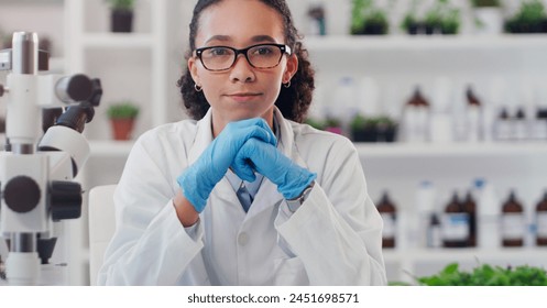 Woman, science and confident in portrait at lab for research or study to experiment for environment. Medical, biology and gmo innovation with career, job growth and opportunity for plants fertilizer - Powered by Shutterstock