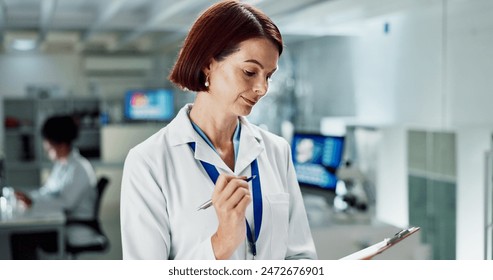 Woman, scientist and checklist with clipboard for experiment results, medical study or budget on new discovery at lab. Female person or biologist checking research or list on science project or test - Powered by Shutterstock