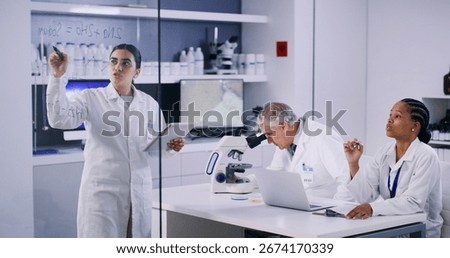 Woman, scientist and explain notes in lab for planning, equation and formula for experiment. People, tablet and glass with team for research, calculate compound and medical information for vaccine