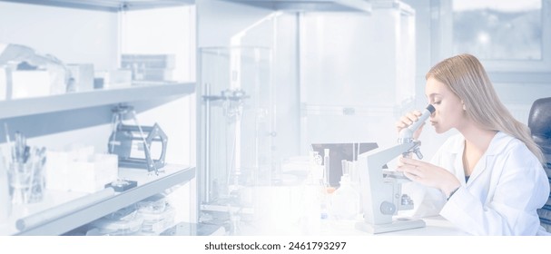 Woman scientist with microscope. Laboratory assistant works sitting at table. Girl researcher. Scientist conducts chemical research. Woman employee of industrial laboratory. Chemist, biologist - Powered by Shutterstock