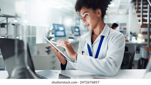 Woman, scientist and research with tablet for results, medical study or new discovery on experiment test or exam at lab. Female person or biologist with technology for scientific data at laboratory - Powered by Shutterstock