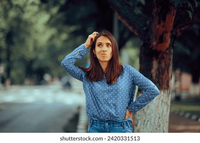 
Woman Scratching her Head feeling Lost in the City. Funny confused millennial girl wondering where to go
 - Powered by Shutterstock