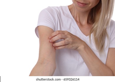 Woman Scratching An Itch On White Background . Sensitive Skin, Food Allergy Symptoms, Irritation