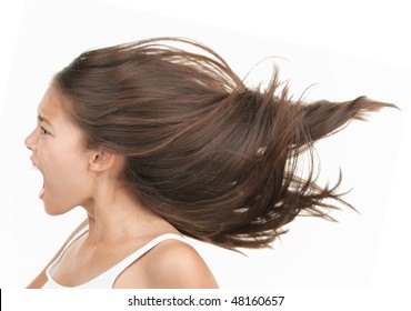 Woman Screaming / Shouting. Angry And Upset Beautiful Young Mixed Race Asian / Caucasian Woman In Profile. Isolated On White Background