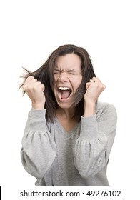 woman screams and pulls her hair in frustration