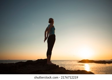 Woman, Seeing Off The Sun Yoga Gymnastics. 