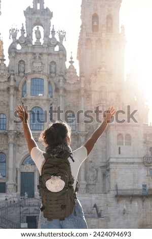 Similar – Image, Stock Photo Anonymous woman with backpack in boarding bridge