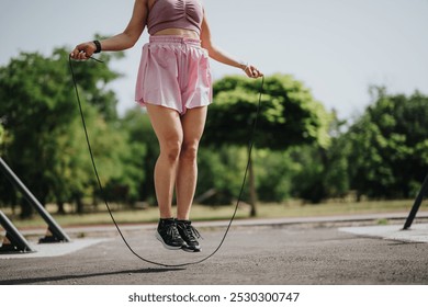 A woman is seen exercising with a jump rope outdoors in a park, enjoying a summer day while staying fit and active. - Powered by Shutterstock