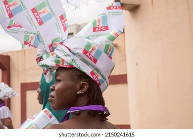 A woman seen wearing a head gear made with APC prints in Lagos, NIGERIA, March 8 2022. Women from different NGOs hold a rally to mark International Women Day 