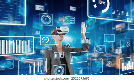 Woman selecting big data dynamic market percentage analysis graph by VR future global innovation interface digital infographic network technology visual hologram animation at server room. Contraption. - Powered by Shutterstock