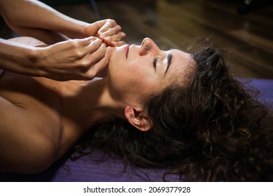 Woman Self  Massage Her Chin  At Home Way To Relieve Tension In Jaw Tone And Lift Muscles Aid Lymphatic Drainage