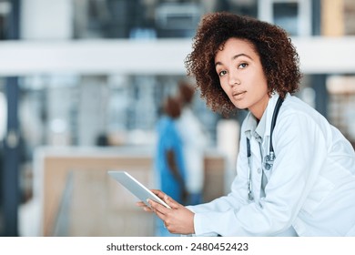 Woman, serious and doctor portrait with tablet in hospital, telehealth and online patient advice or medical employee. Wellness, research and clinic professional, healthcare and internet consultation - Powered by Shutterstock