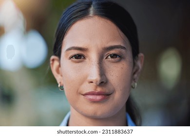 Woman, serious and portrait in a closeup with thinking in the outdoor with an idea in mexico. Face, female person and beauty with focus and calm with vision, eye and skin with concentration for goal. - Shutterstock ID 2311883637