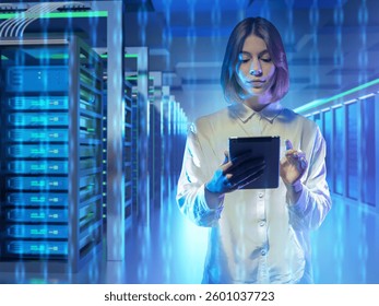 Woman server software programmer. Girl with tablet in data center. Portrait of system administrator. Server room with computer equipment. Woman programmer among binary code. Data center engineer