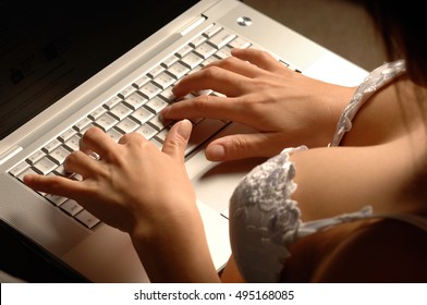 Woman In Sexy Lingerie Bra Underwear With Ample Cleavage Using Laptop Computer