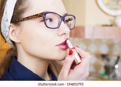 Woman At Sexy Suit Stains Pink Upper Lip